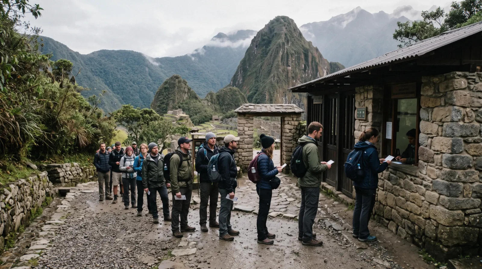 Buses and travellers at the Aguas Calientes bus station at the base of Machu Picchu, Peru