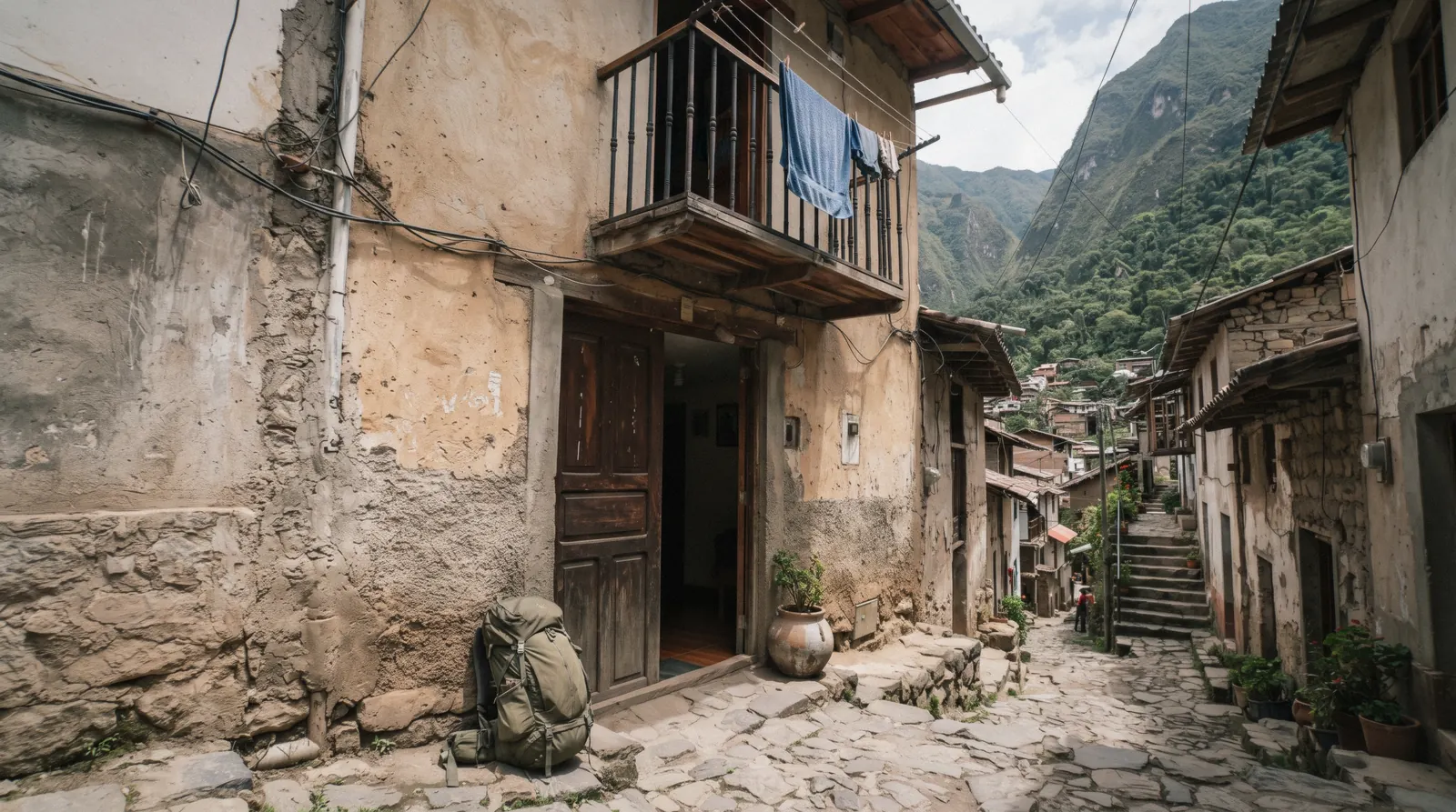Narrow street with small guesthouses and the river in Aguas Calientes, Peru