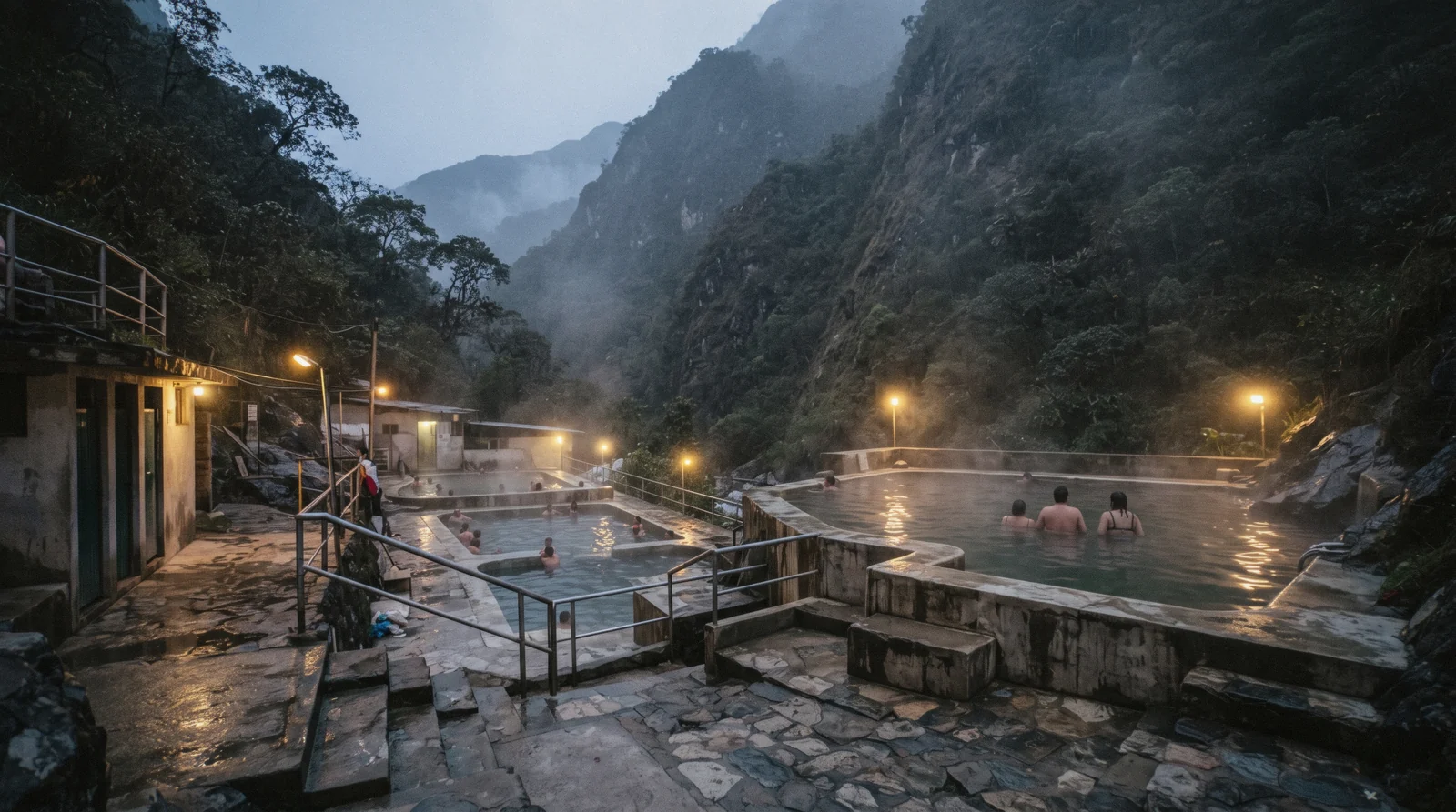 Steaming thermal pools at the hot springs of Aguas Calientes, Peru