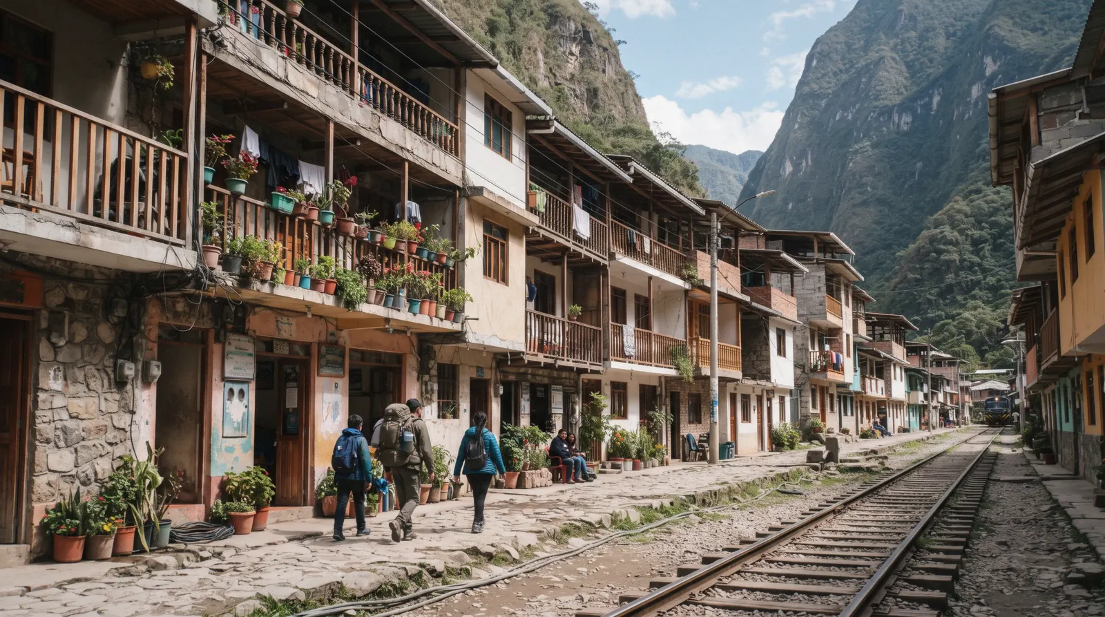 Buildings rising up the steep valley walls of Aguas Calientes, Machupicchu Pueblo, Peru