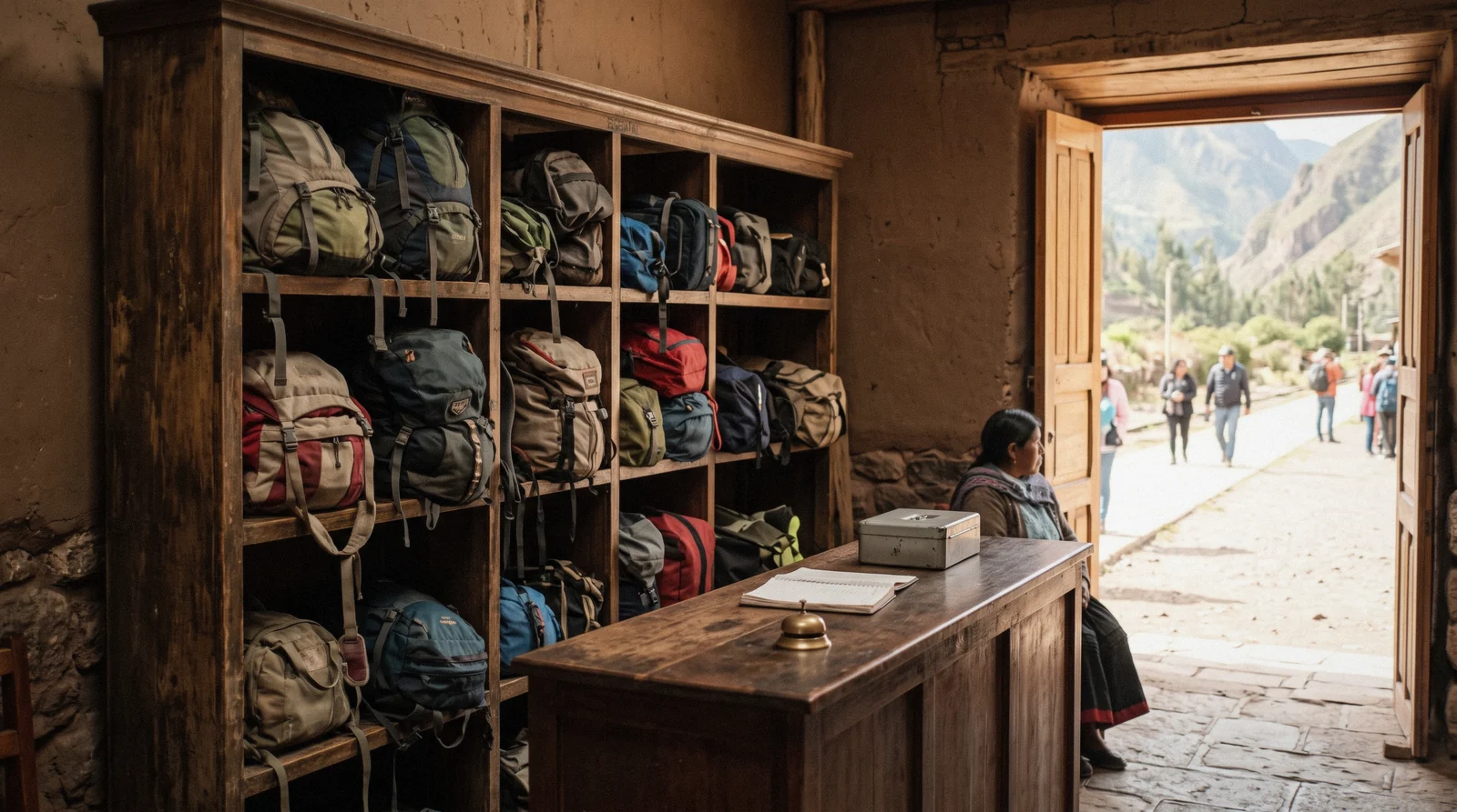 Backpacks stacked at a small train station luggage counter near Aguas Calientes, Peru