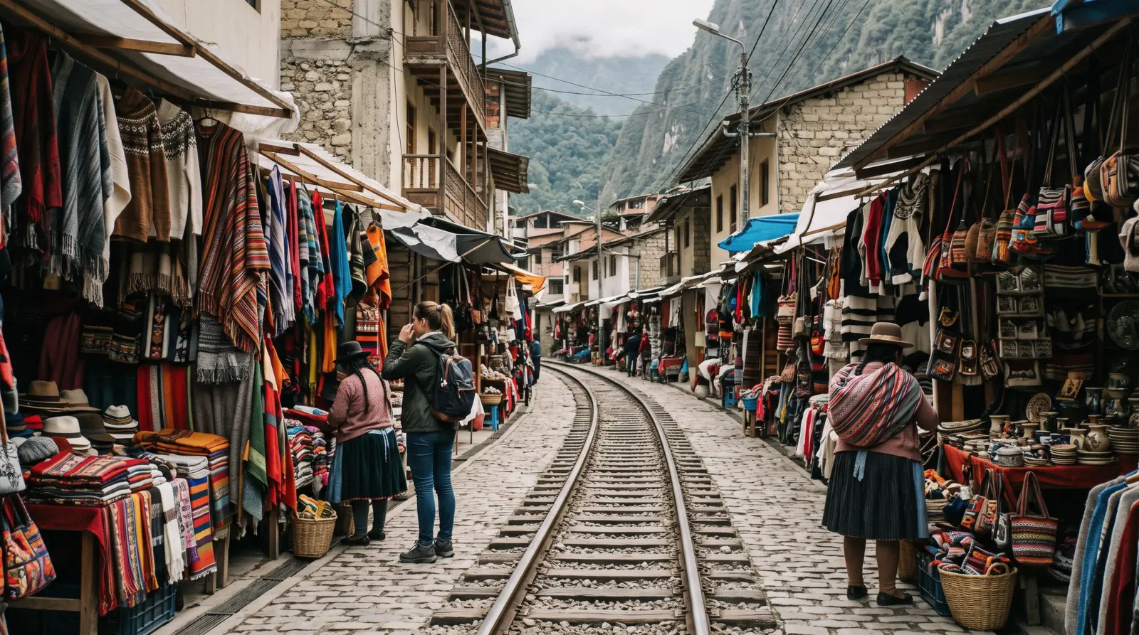 Covered artisan market stalls selling alpaca-wool textiles and souvenirs beside the train station in Aguas Calientes, Peru