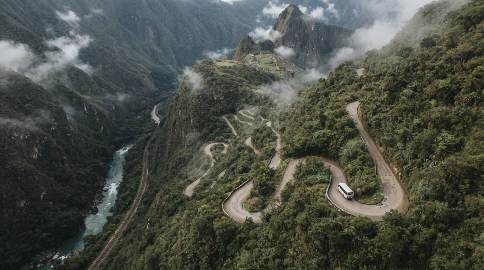 The switchback Hiram Bingham road climbing from Aguas Calientes toward Machu Picchu, Peru
