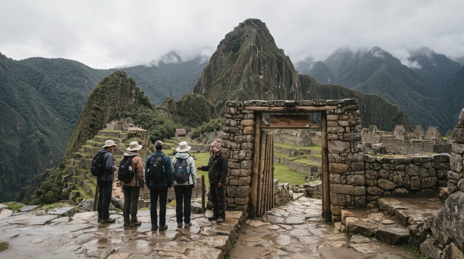 Machu Picchu tour guide with travelers above Aguas Calientes, Peru