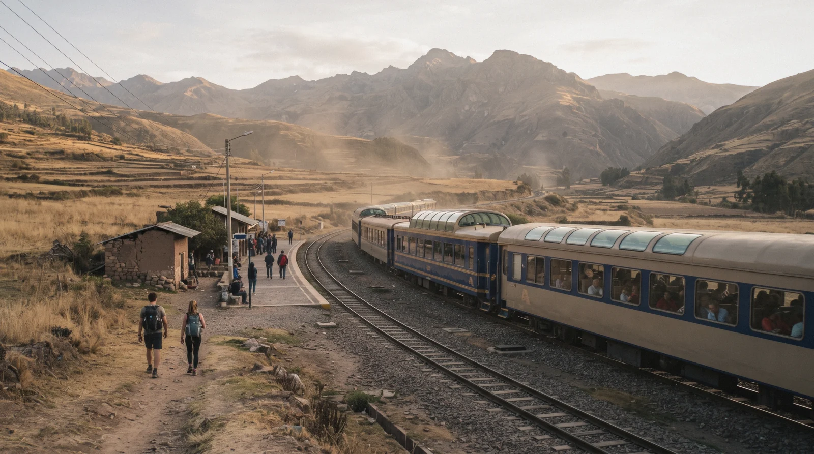 A PeruRail train departing a Cusco-area station on the route to Aguas Calientes, Peru