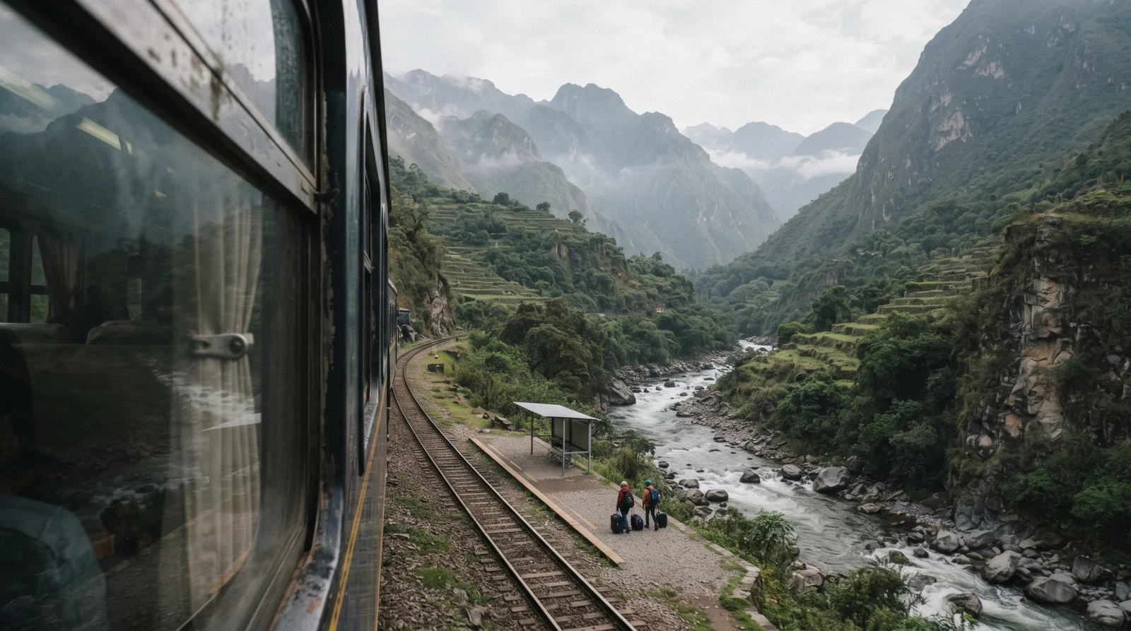 The Urubamba river running past Aguas Calientes with forested peaks beyond, the starting point for day trips in Peru