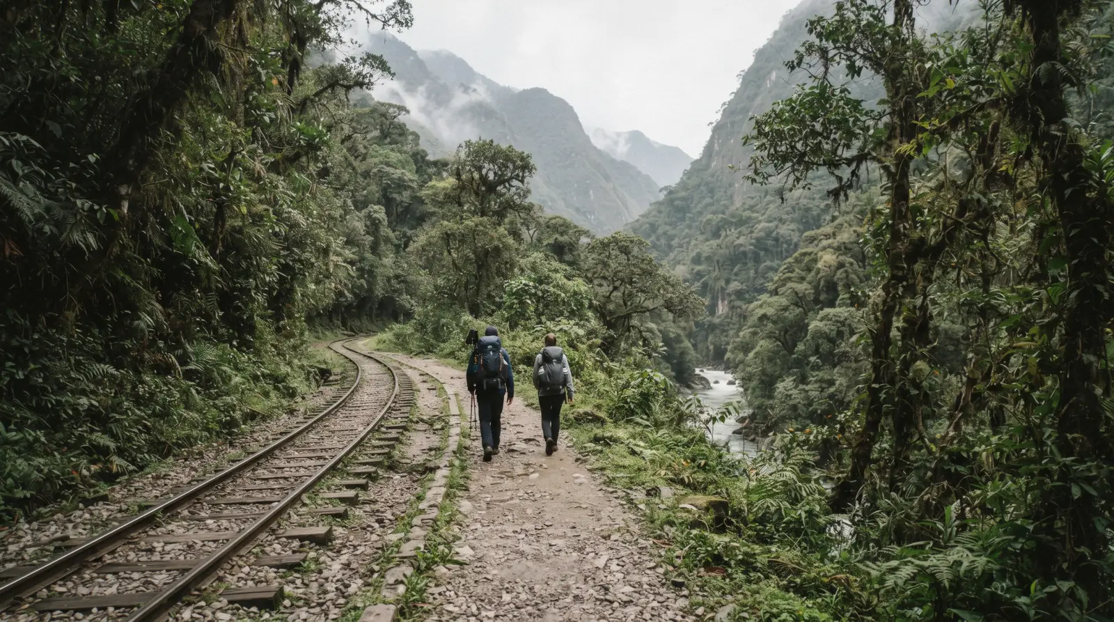 The flat rail-side walking path near Hidroelectrica station on the way to Aguas Calientes, Peru