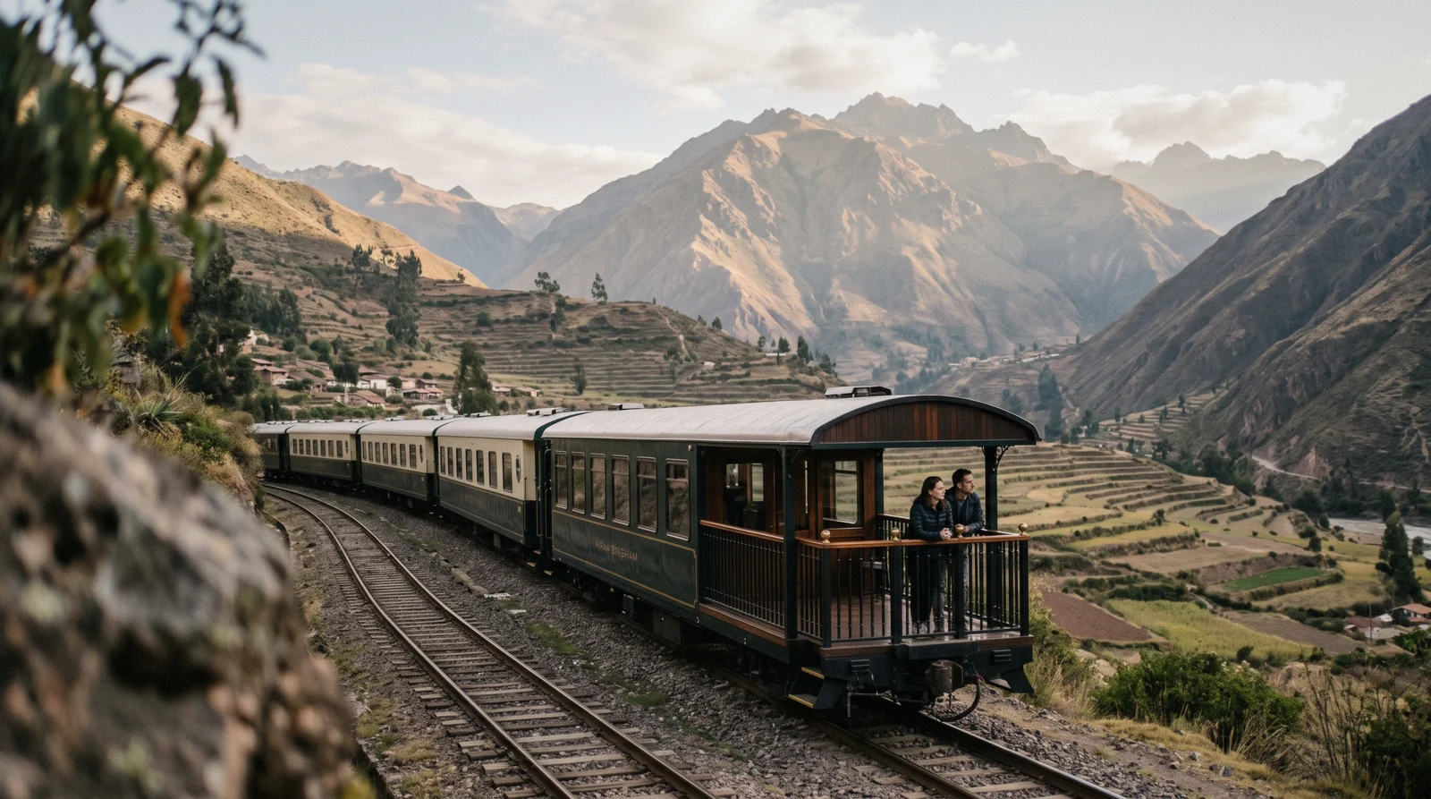 The Belmond Hiram Bingham luxury train running through the Sacred Valley toward Machu Picchu, Peru