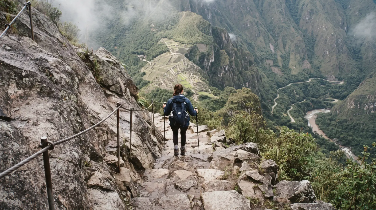 The steep summit of Huayna Picchu behind the ruins of Machu Picchu, Peru
