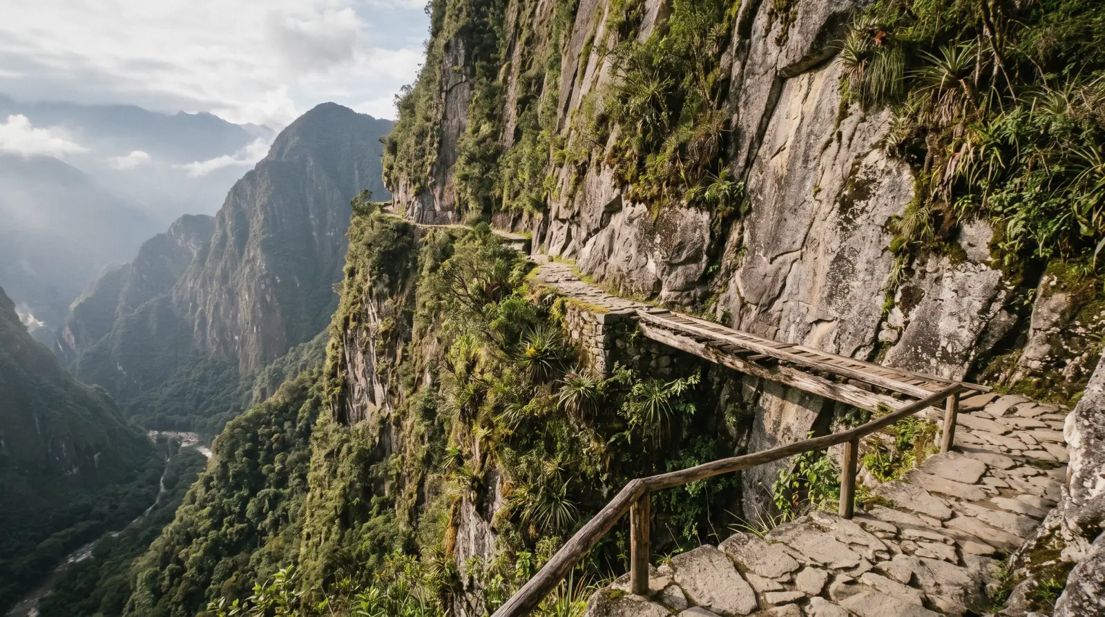 The Inca Bridge on the mountainside at Machu Picchu, Peru, seen from the Route 1-D viewing platform