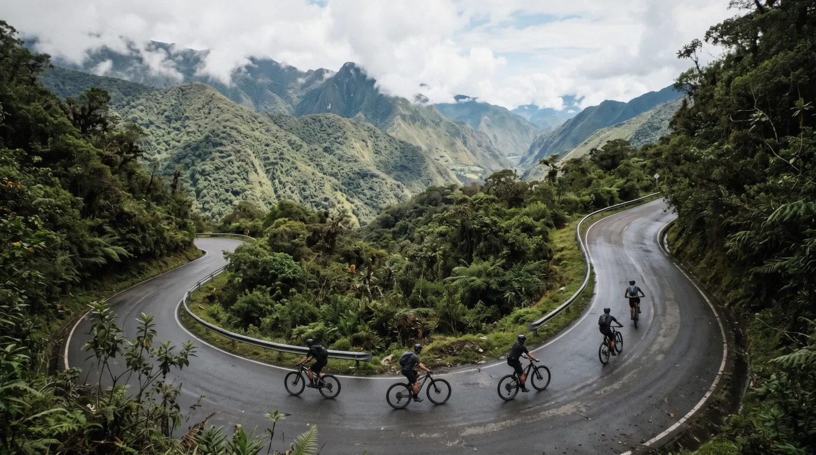 Mountain bikers descending a winding road through cloud forest near Abra Malaga, Cusco region, Peru