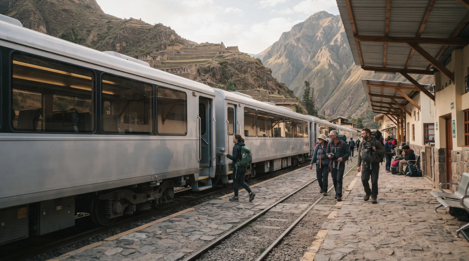 An Inca Rail train with large panoramic windows at Ollantaytambo station on the way to Machu Picchu, Peru