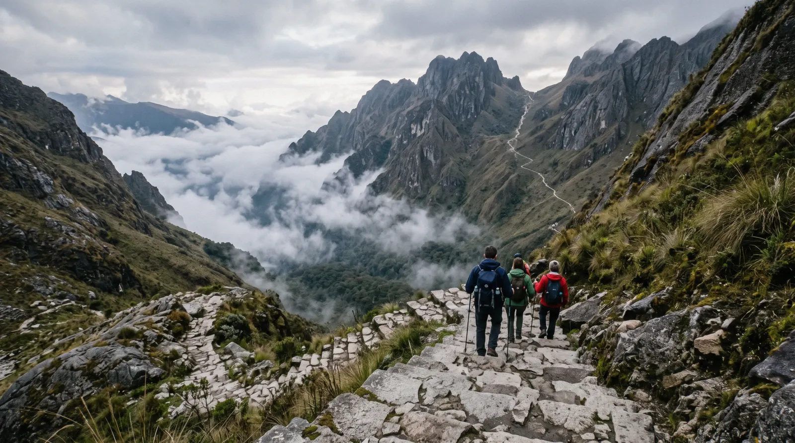 Hikers on the stone-paved Inca Trail climbing toward Machu Picchu, Peru