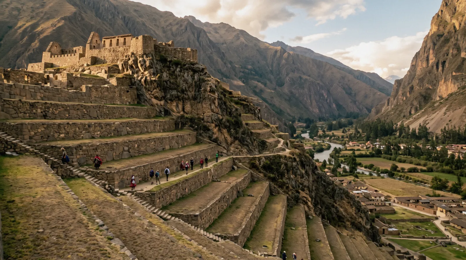 Terraced Inca agricultural fields and the fortress of Ollantaytambo in the Sacred Valley, Cusco region, Peru