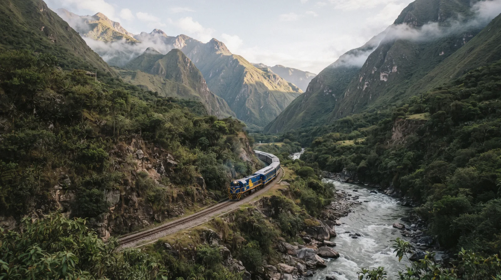 A PeruRail train winding along the Urubamba river gorge on the way to Machu Picchu, Peru
