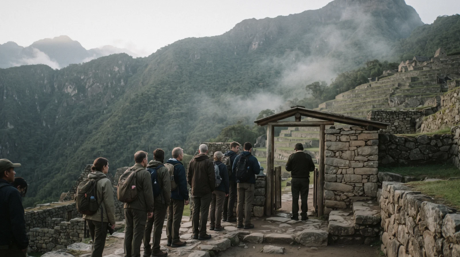 Visitors queueing at the entrance gate where Machu Picchu rules and ticket checks apply, Aguas Calientes, Peru