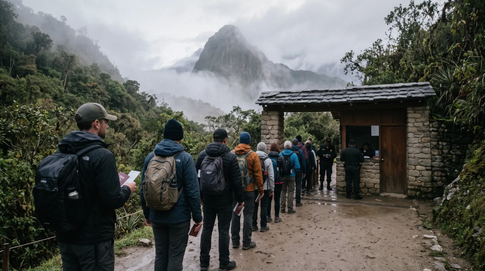 Machu Picchu tickets and the entrance gate above Aguas Calientes, Peru