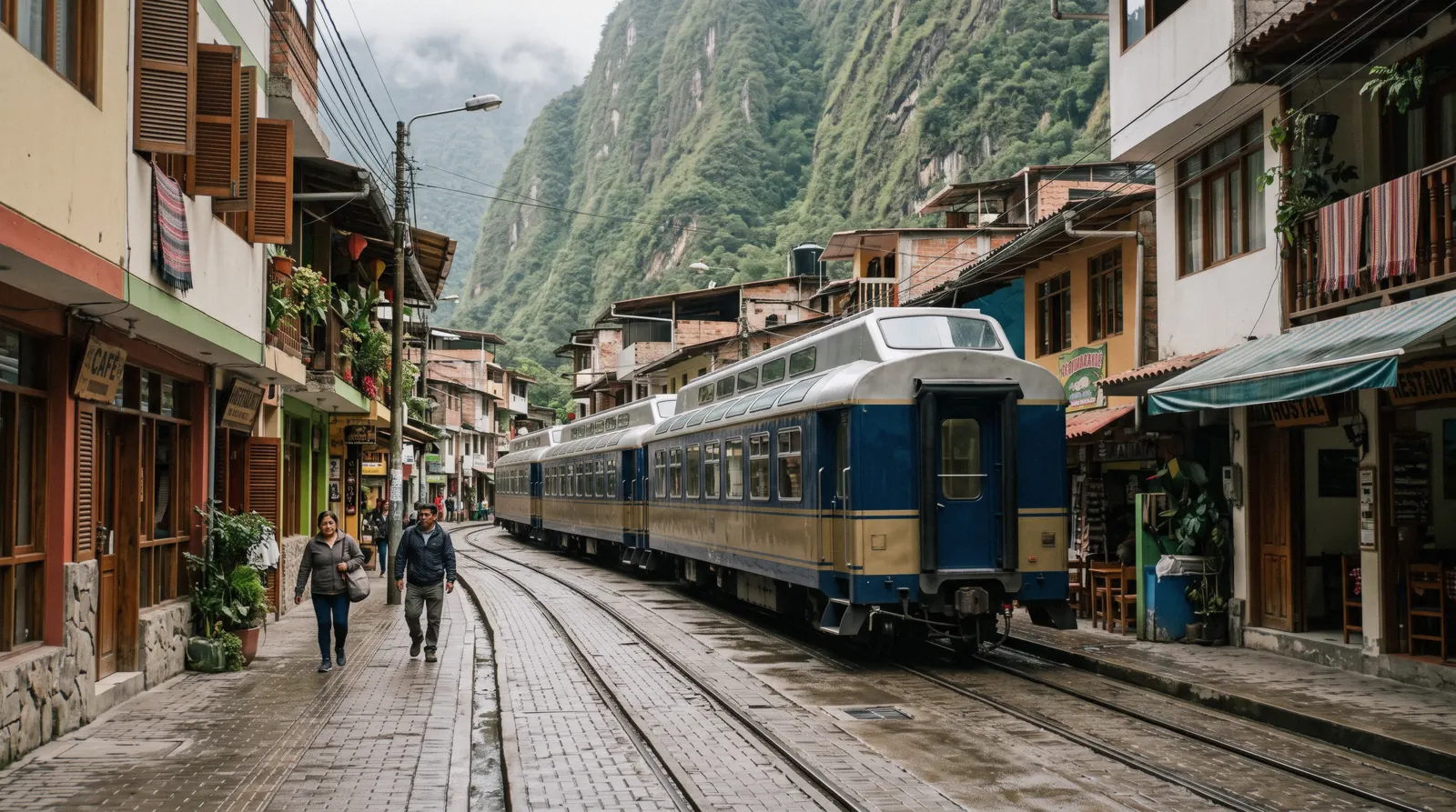 Railway tracks running through the main street of Aguas Calientes, Peru