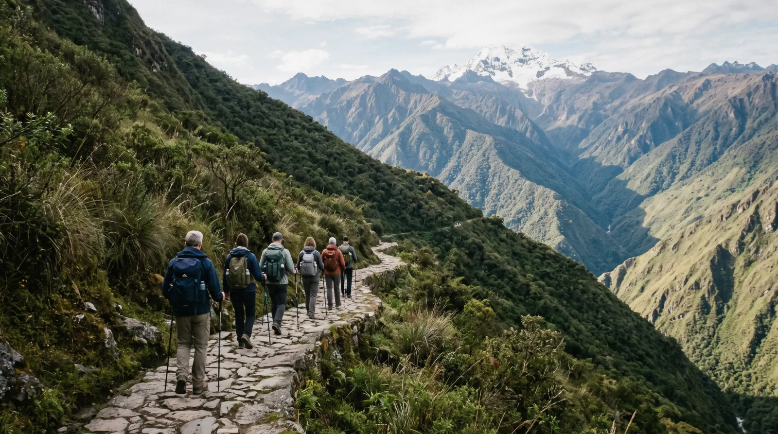 Trekkers walking a stone mountain trail on the way to Machu Picchu, Peru