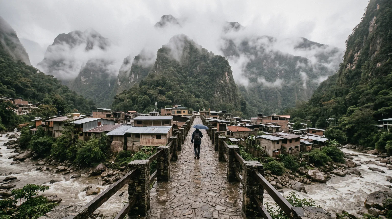 Rain falling over Aguas Calientes in its steep river gorge, Aguas Calientes, Peru