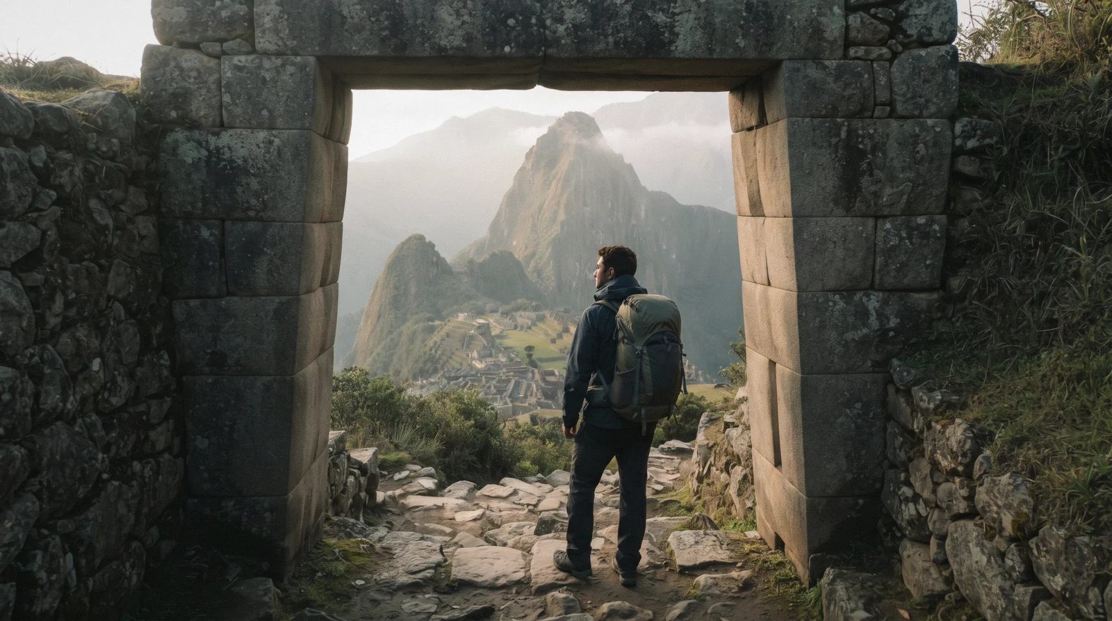 The stone gateway of Inti Punku, the Sun Gate, on its ridge high above the Machu Picchu citadel in Peru