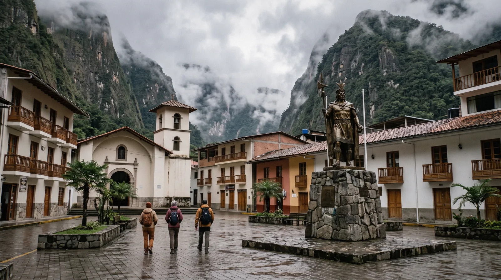 Things to do in Aguas Calientes, Peru, with the town riverfront below the green slopes that lead up to Machu Picchu