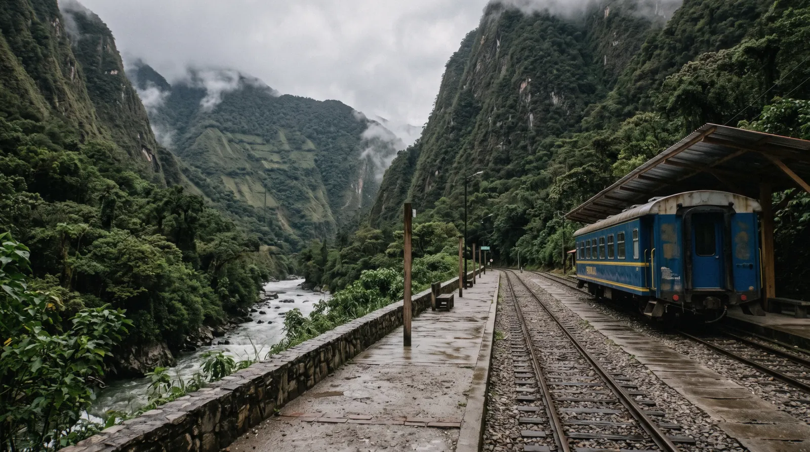 An empty railway platform beside the Urubamba river gorge near Machu Picchu Pueblo, Aguas Calientes, Peru