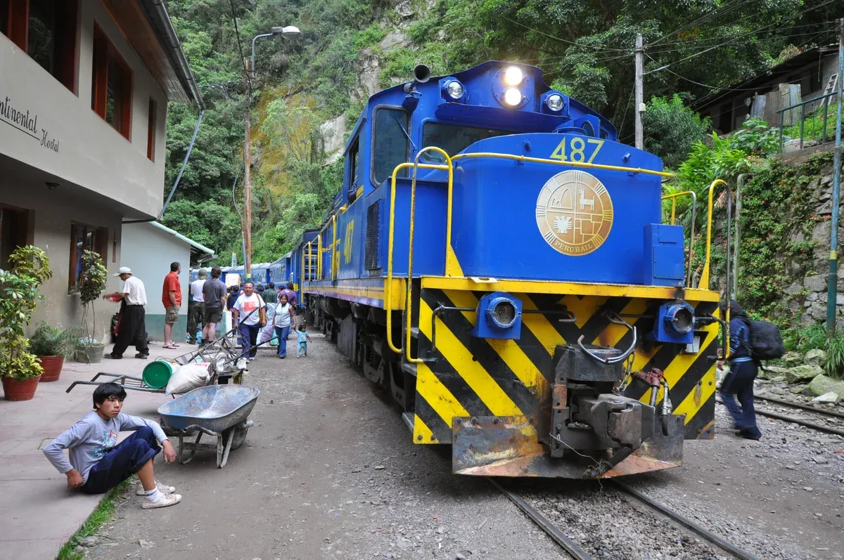 PeruRail train arriving at Machu Picchu Station in Aguas Calientes, Peru, the start of a 2-day itinerary