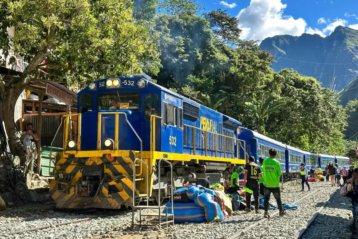 The rail platform and parking area at Hidroelectrica station, the overland approach to Aguas Calientes, Peru