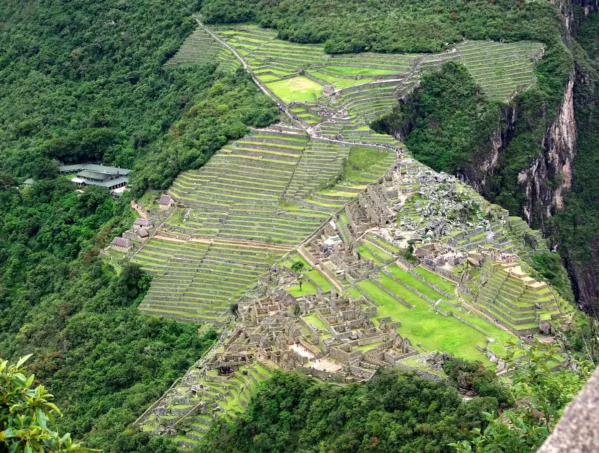 The whole site of Machu Picchu seen from the summit of Huayna Picchu, above Aguas Calientes, Peru