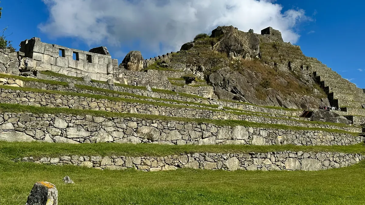 The Temple of the Three Windows and the terraces of the Sacred Plaza at Machu Picchu above Aguas Calientes, Peru